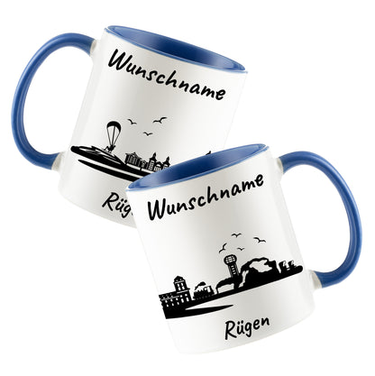 Tasse in Cambridge Blau 330ml bedruckt mit der Skyline von Rügen personalisierbar mit Wunschname