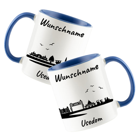 Tasse in Cambridge Blau 330ml bedruckt mit der Skyline von Usedom personalisierbar mit Wunschname