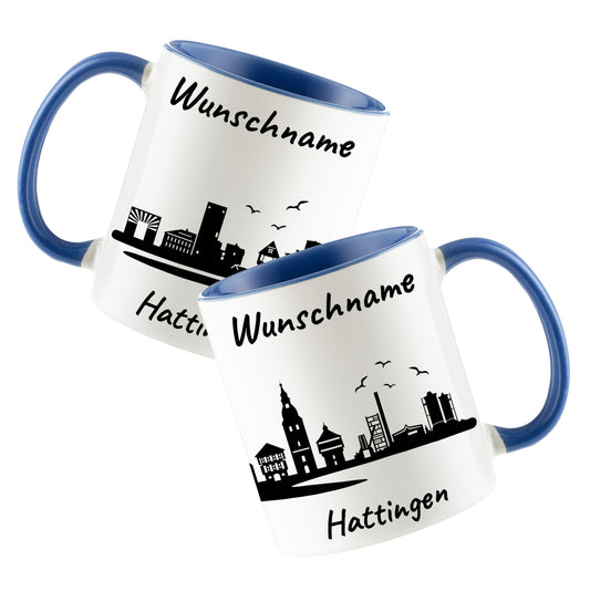 Tasse in Cambridge Blau 330ml bedruckt mit der Skyline von Hattingen personalisierbar mit Wunschname