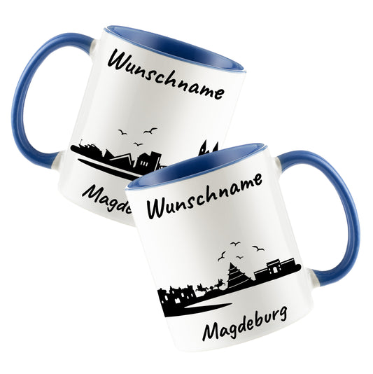 Tasse in Cambridge Blau 330ml bedruckt mit der Skyline von Magdeburg personalisierbar mit Wunschname