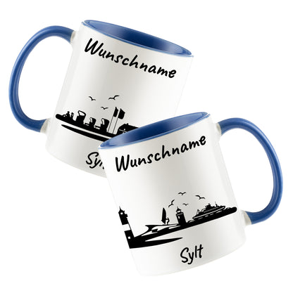 Tasse in Cambridge Blau 330ml bedruckt mit der Skyline von Sylt personalisierbar mit Wunschname