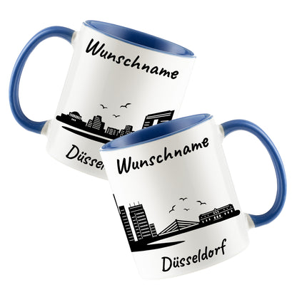 Tasse in Cambridge Blau 330ml bedruckt mit der Skyline von Düsseldorf personalisierbar mit Wunschname