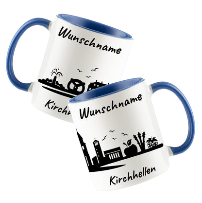 Tasse in Cambridge Blau 330ml bedruckt mit der Skyline von Kirchhellen personalisierbar mit Wunschname