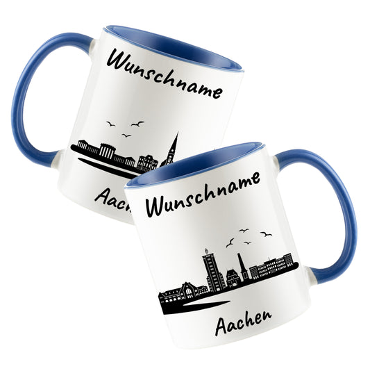 Tasse in Cambridge Blau 330ml bedruckt mit der Skyline von Aachen personalisierbar mit Wunschname