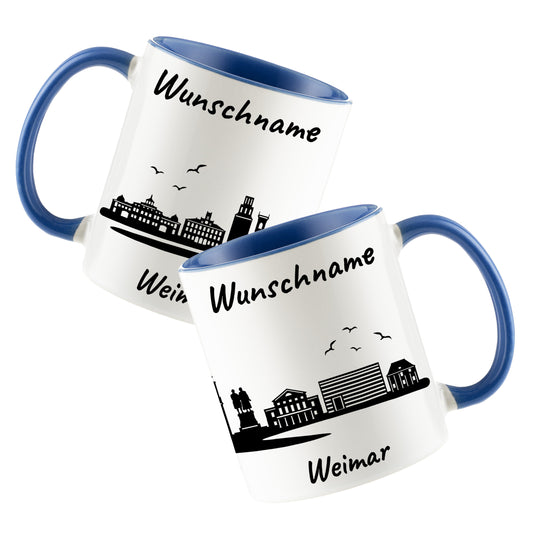Tasse in Cambridge Blau 330ml bedruckt mit der Skyline von Weimar personalisierbar mit Wunschname