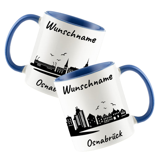 Tasse in Cambridge Blau 330ml bedruckt mit der Skyline von Osnabrück personalisierbar mit Wunschname