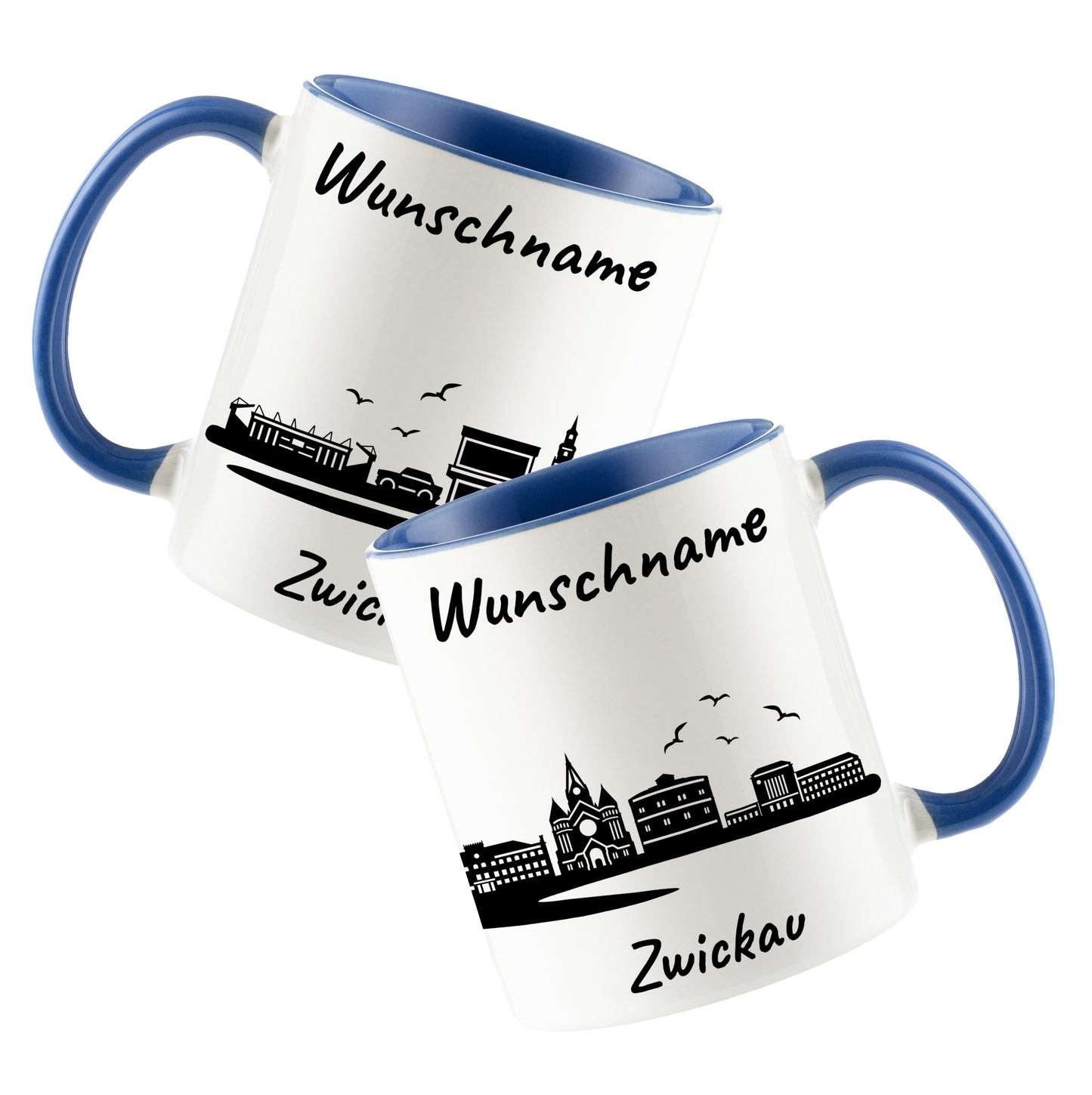 Tasse in Cambridge Blau 330ml bedruckt mit der Skyline von Zwickau personalisierbar mit Wunschname