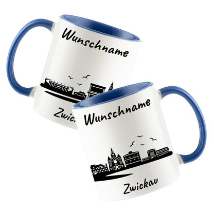 Tasse in Cambridge Blau 330ml bedruckt mit der Skyline von Zwickau personalisierbar mit Wunschname