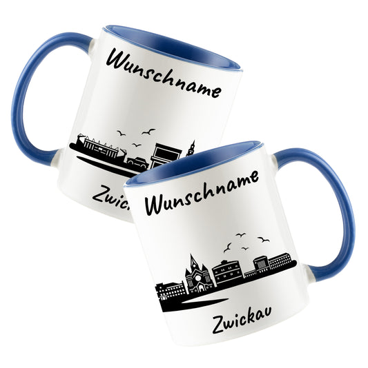 Tasse in Cambridge Blau 330ml bedruckt mit der Skyline von Zwickau personalisierbar mit Wunschname