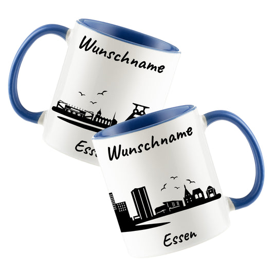 Tasse in Cambridge Blau 330ml bedruckt mit der Skyline von Essen personalisierbar mit Wunschname
