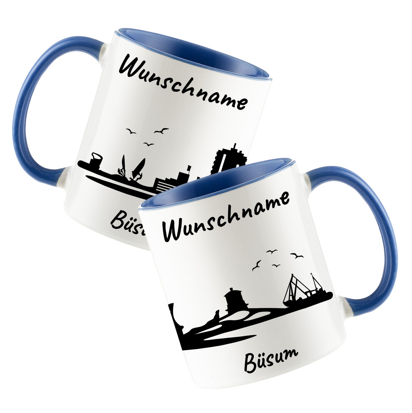 Tasse in Cambridge Blau 330ml bedruckt mit der Skyline von Büsum personalisierbar mit Wunschname