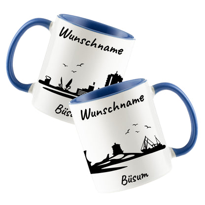 Tasse in Cambridge Blau 330ml bedruckt mit der Skyline von Büsum personalisierbar mit Wunschname