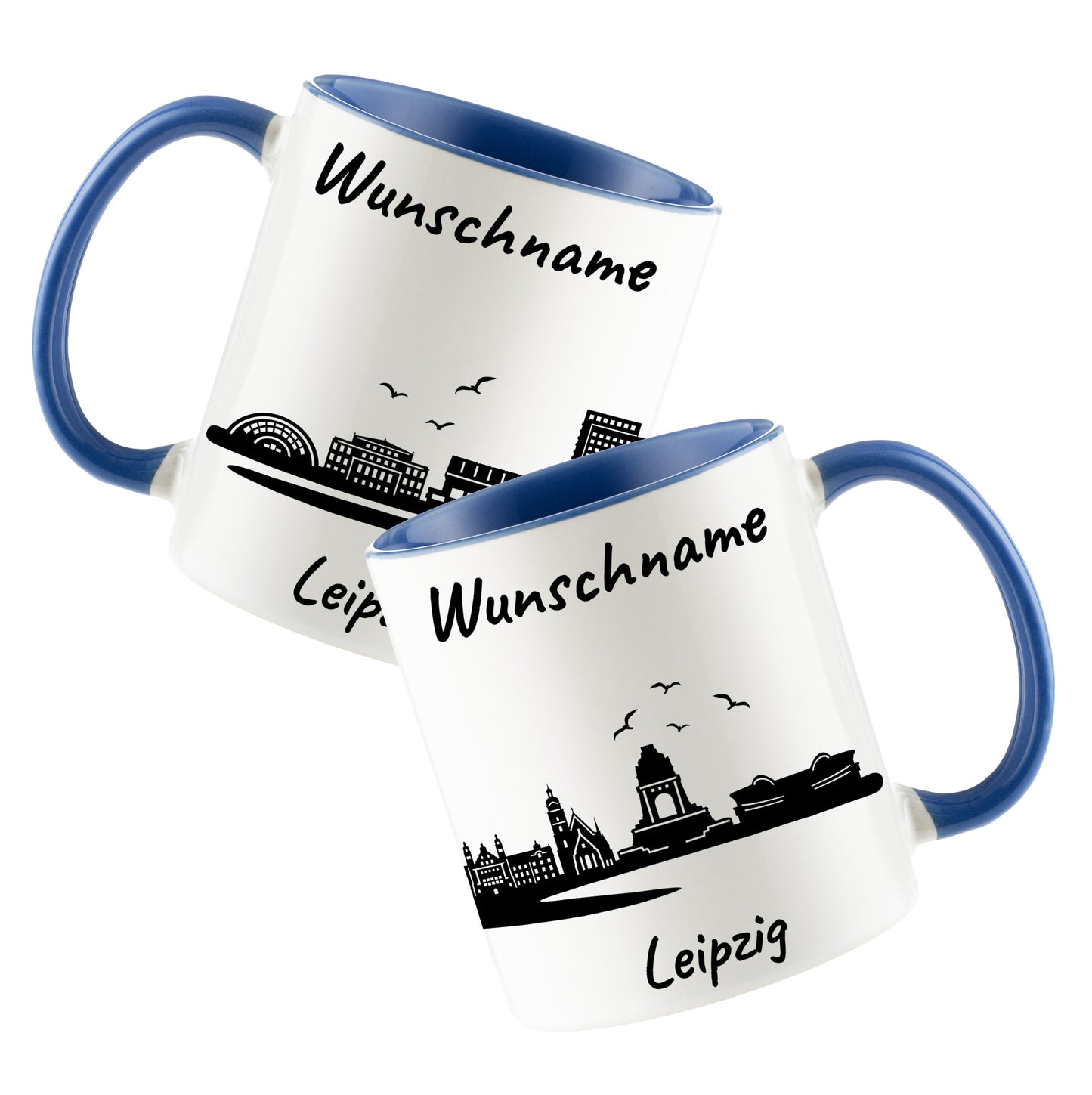 Tasse in Cambridge Blau 330ml bedruckt mit der Skyline von Leipzig personalisierbar mit Wunschname