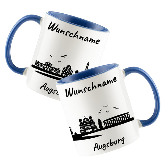 Tasse in Cambridge Blau 330ml bedruckt mit der Skyline von Augsburg personalisierbar mit Wunschname