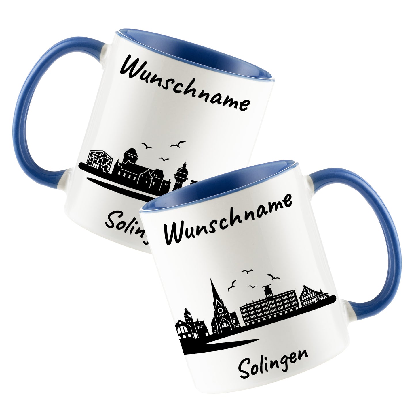 Tasse in Cambridge Blau 330ml bedruckt mit der Skyline von Solingen personalisierbar mit Wunschname