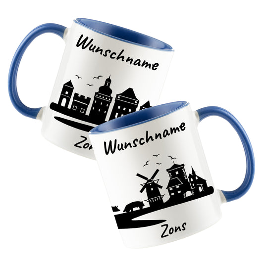 Tasse in Cambridge Blau 330ml bedruckt mit der Skyline von Zons (Dormagen) personalisierbar mit Wunschname