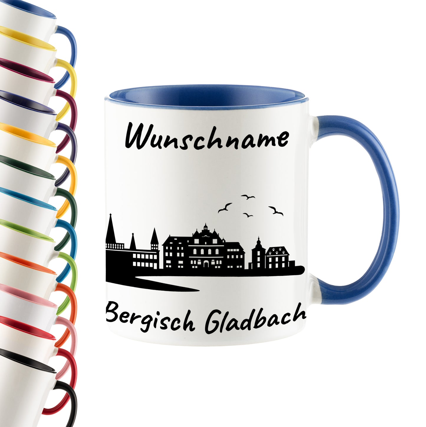 Tasse in Cambridge Blau 330ml bedruckt mit der Skyline von Bergisch Gladbach personalisierbar mit Wunschname