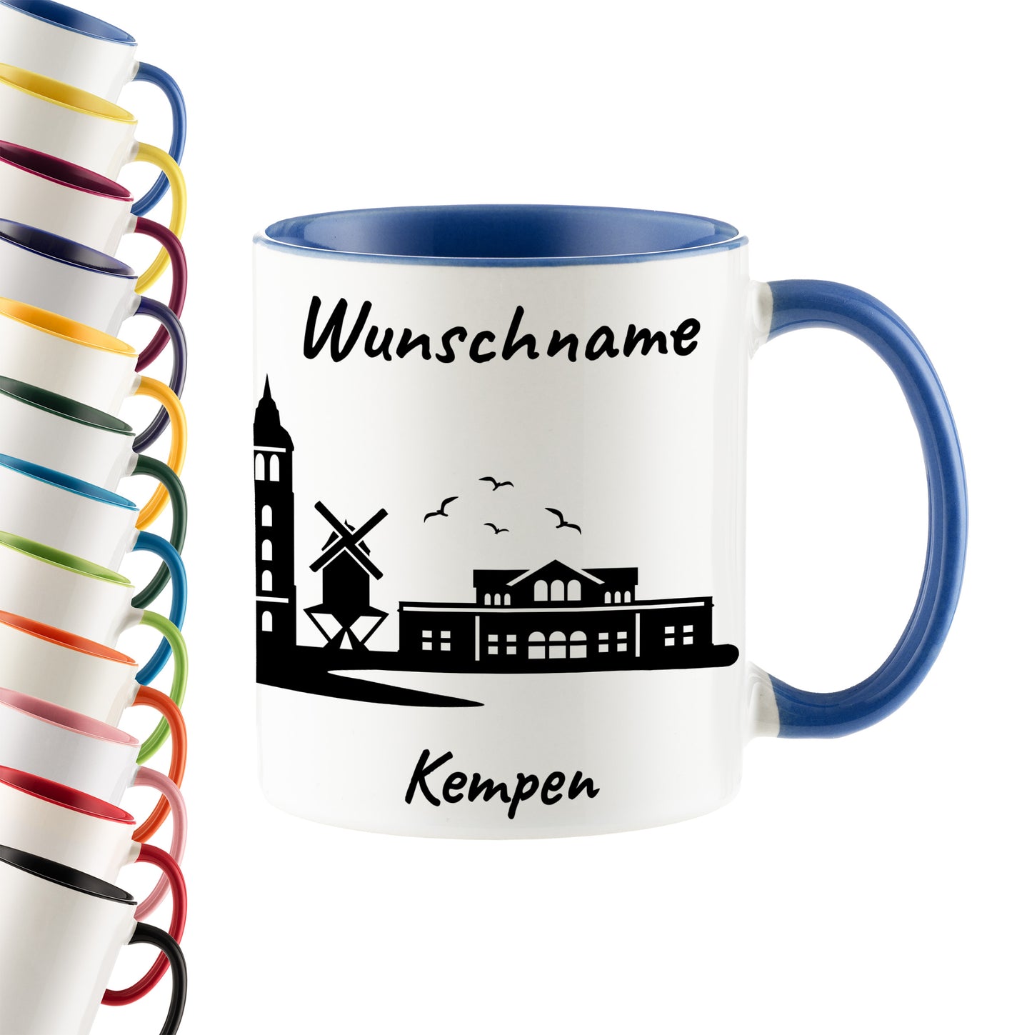 Tasse in Cambridge Blau 330ml bedruckt mit der Skyline von Kempen personalisierbar mit Wunschname