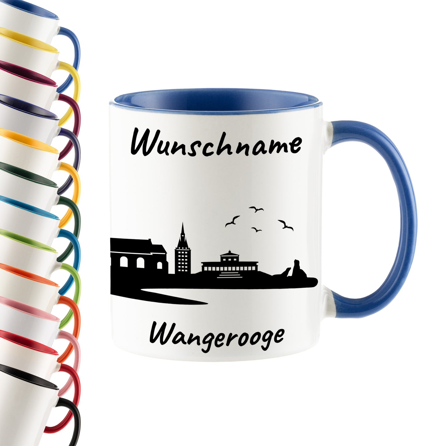 Tasse in Cambridge Blau 330ml bedruckt mit der Skyline von Wangerooge personalisierbar mit Wunschname