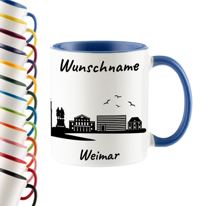 Tasse in Cambridge Blau 330ml bedruckt mit der Skyline von Weimar personalisierbar mit Wunschname