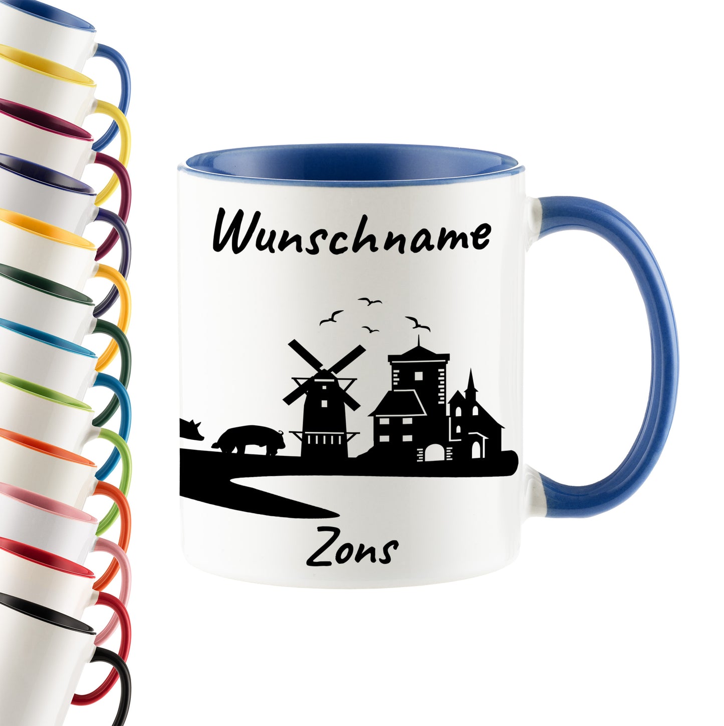 Tasse in Cambridge Blau 330ml bedruckt mit der Skyline von Zons (Dormagen) personalisierbar mit Wunschname