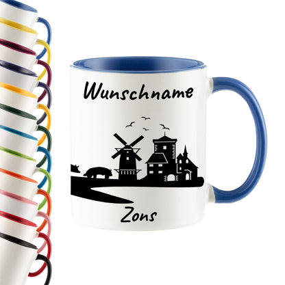 Tasse in Cambridge Blau 330ml bedruckt mit der Skyline von Zons (Dormagen) personalisierbar mit Wunschname
