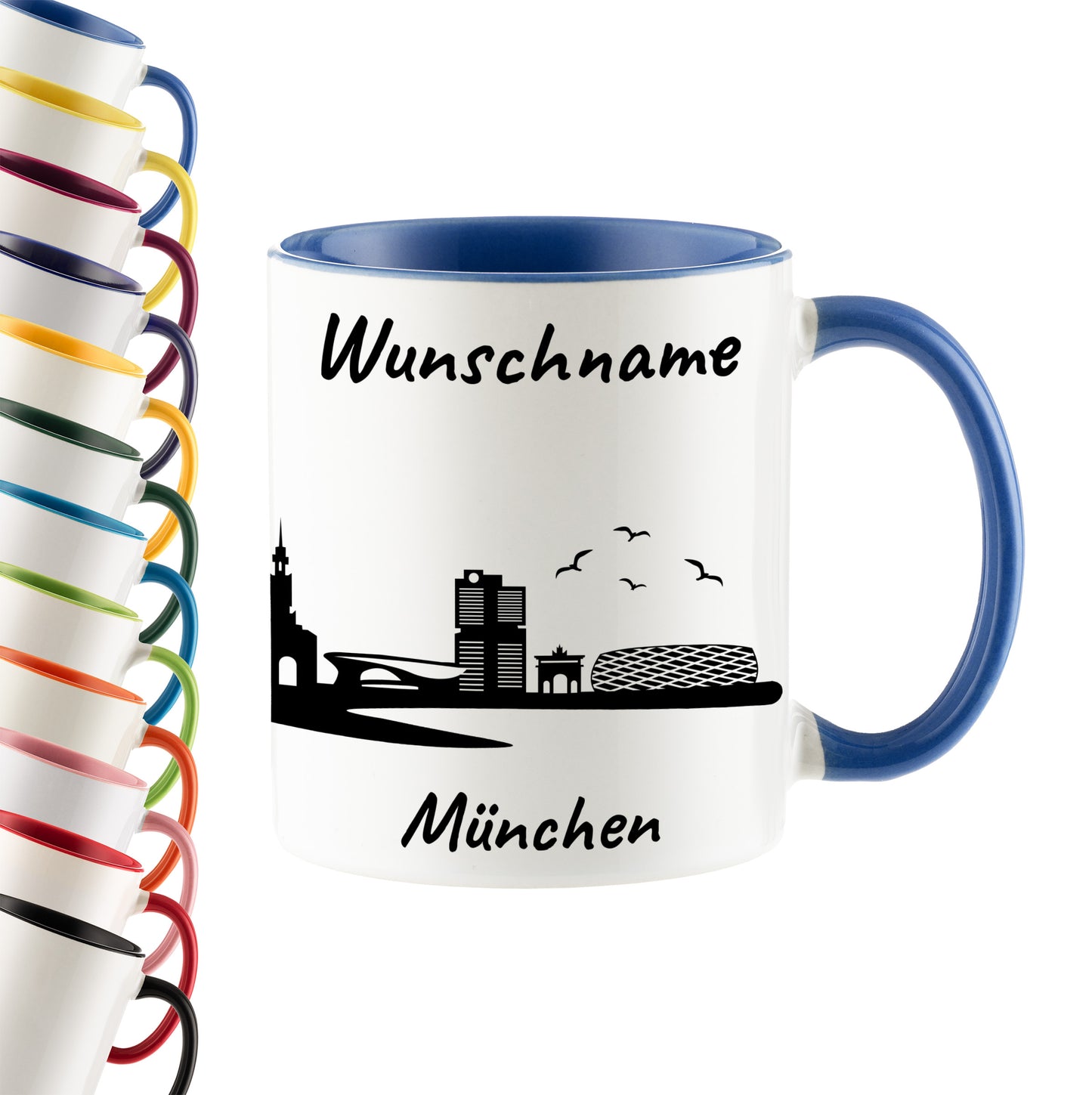Tasse in Cambridge Blau 330ml bedruckt mit der Skyline von München personalisierbar mit Wunschname