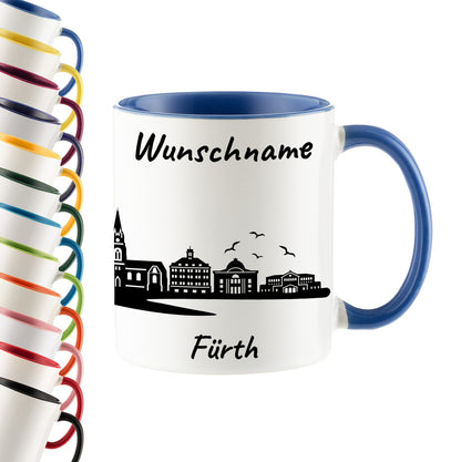 Tasse in Cambridge Blau 330ml bedruckt mit der Skyline von Fürth personalisierbar mit Wunschname