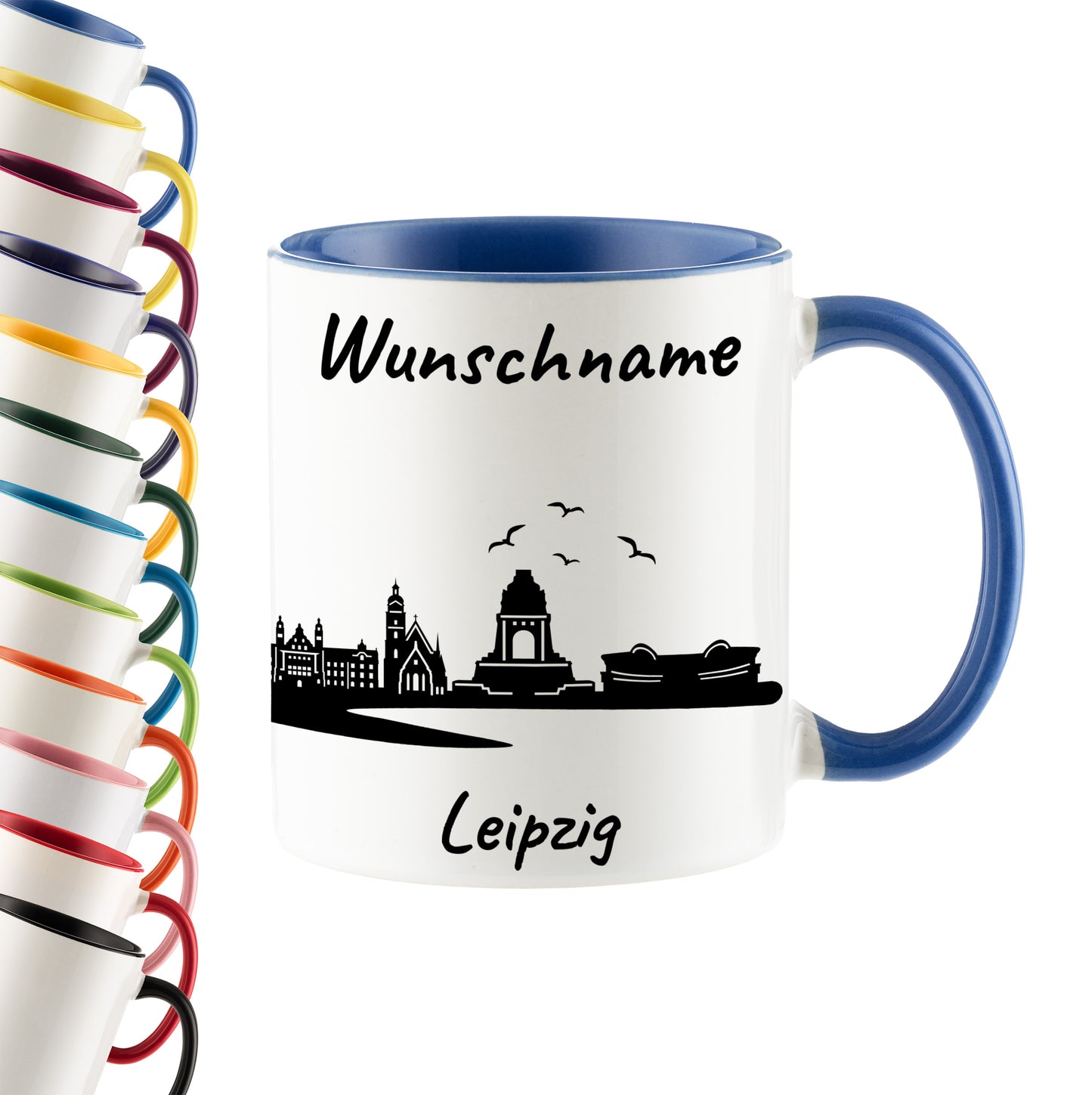 Tasse in Cambridge Blau 330ml bedruckt mit der Skyline von Leipzig personalisierbar mit Wunschname