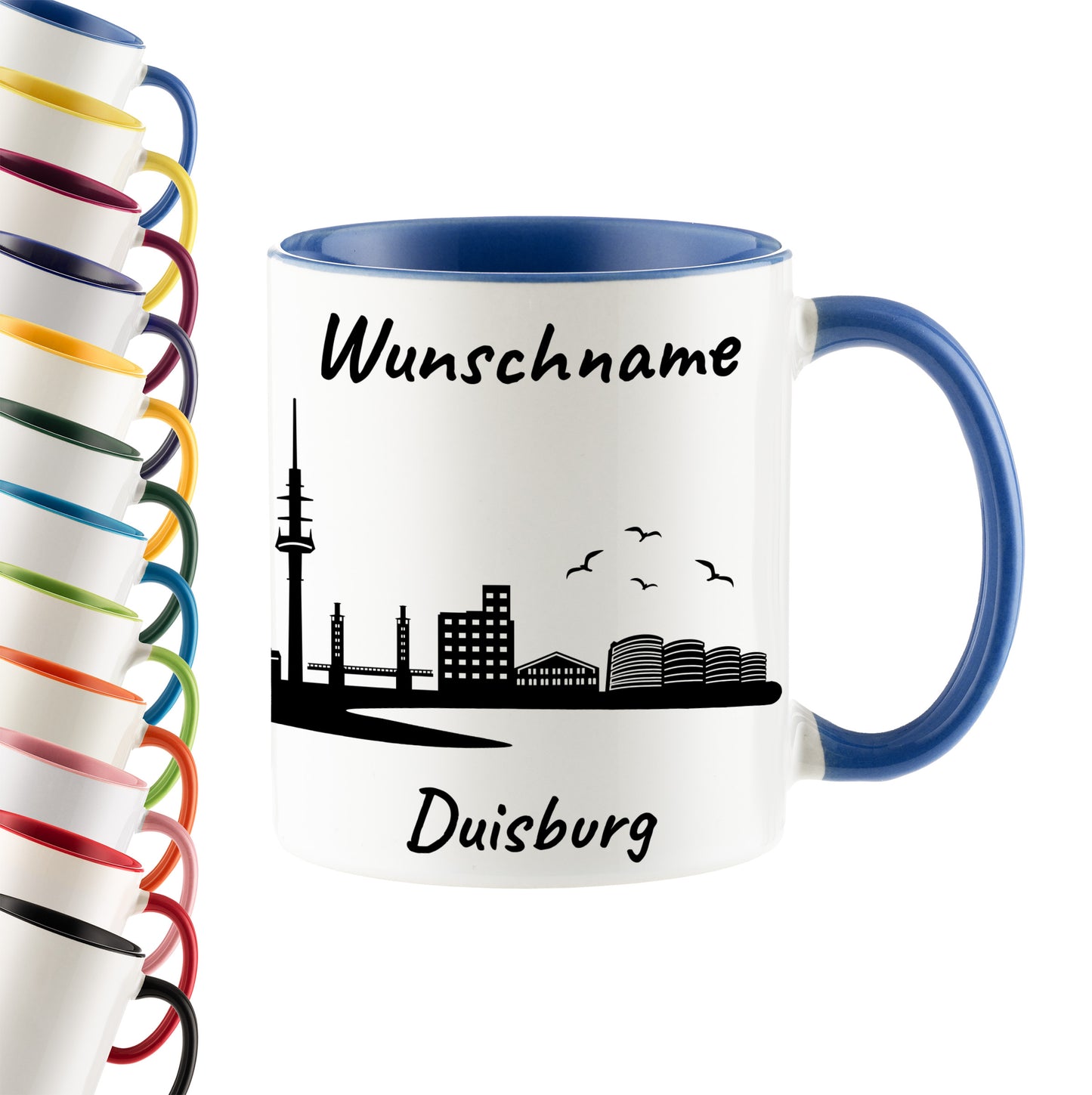 Tasse in Cambridge Blau 330ml bedruckt mit der Skyline von Duisburg personalisierbar mit Wunschname