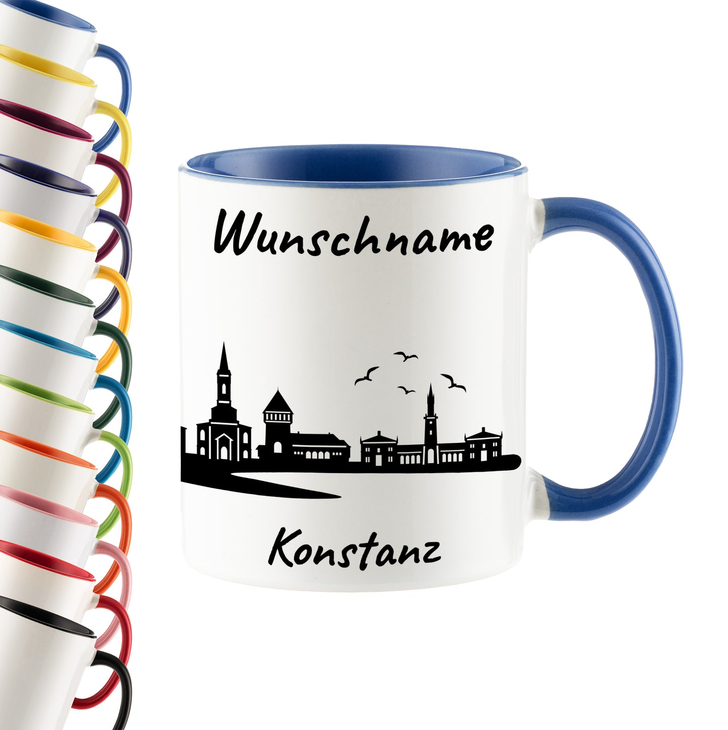 Tasse in Cambridge Blau 330ml bedruckt mit der Skyline von Konstanz personalisierbar mit Wunschname