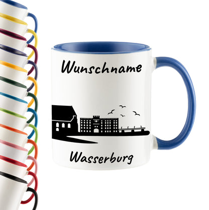 Tasse in Cambridge Blau 330ml bedruckt mit der Skyline von Wasserburg personalisierbar mit Wunschname