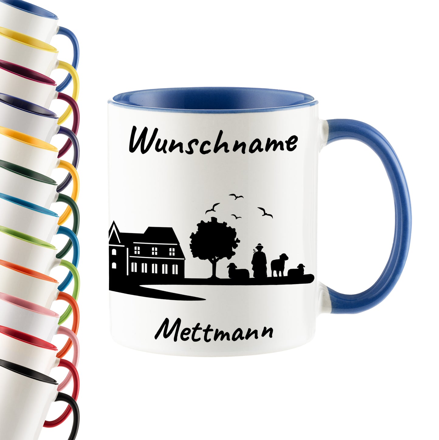 Tasse in Cambridge Blau 330ml bedruckt mit der Skyline von Mettmann personalisierbar mit Wunschname