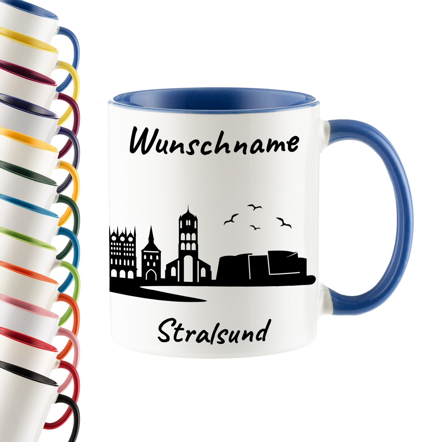 Tasse in Cambridge Blau 330ml bedruckt mit der Skyline von Stralsund personalisierbar mit Wunschname