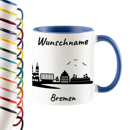 Tasse in Cambridge Blau 330ml bedruckt mit der Skyline von Bremen personalisierbar mit Wunschname