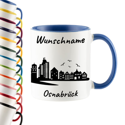 Tasse in Cambridge Blau 330ml bedruckt mit der Skyline von Osnabrück personalisierbar mit Wunschname