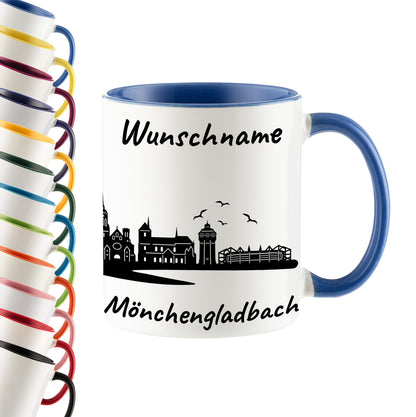 Tasse in Cambridge Blau 330ml bedruckt mit der Skyline von Mönchengladbach personalisierbar mit Wunschname