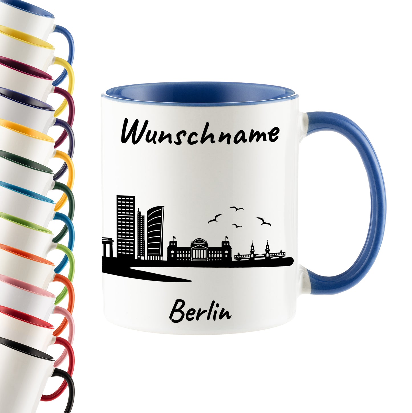 Tasse in Cambridge Blau 330ml bedruckt mit der Skyline von Berlin personalisierbar mit Wunschname