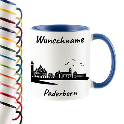 Tasse in Cambridge Blau 330ml bedruckt mit der Skyline von Paderborn personalisierbar mit Wunschname