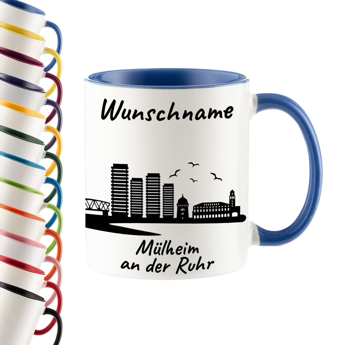 Tasse in Cambridge Blau 330ml bedruckt mit der Skyline von Mülheim an der Ruhr personalisierbar mit Wunschname