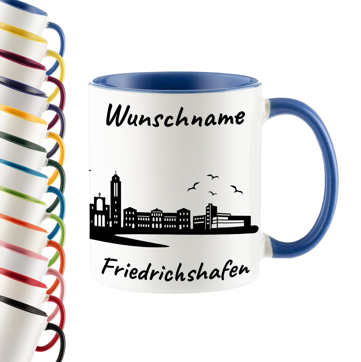 Tasse in Cambridge Blau 330ml bedruckt mit der Skyline von Friedrichshafen personalisierbar mit Wunschname