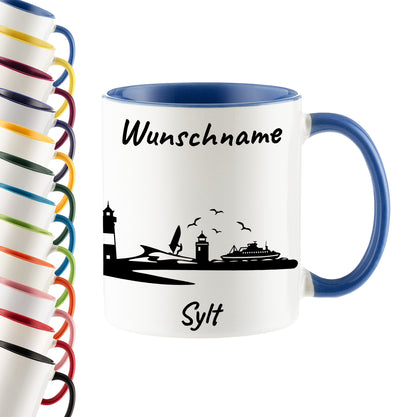 Tasse in Cambridge Blau 330ml bedruckt mit der Skyline von Sylt personalisierbar mit Wunschname
