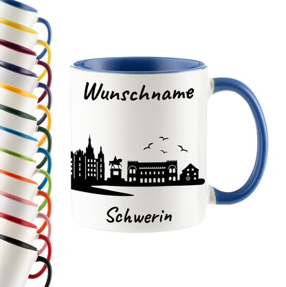 Tasse in Cambridge Blau 330ml bedruckt mit der Skyline von Schwerin personalisierbar mit Wunschname