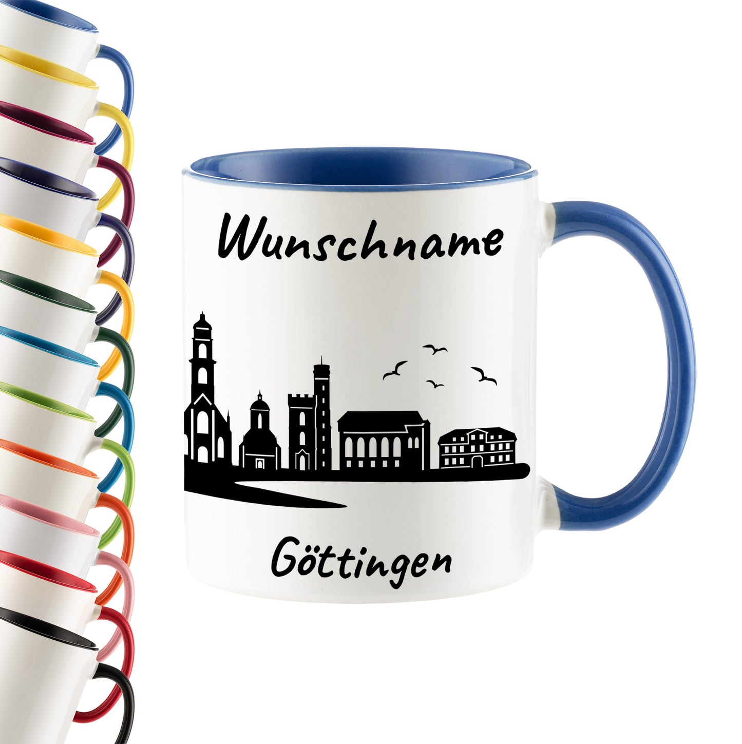 Tasse in Cambridge Blau 330ml bedruckt mit der Skyline von Göttingen personalisierbar mit Wunschname