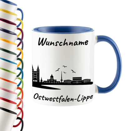 Tasse in Cambridge Blau 330ml bedruckt mit der Skyline von Ostwestfalen-Lippe personalisierbar mit Wunschname