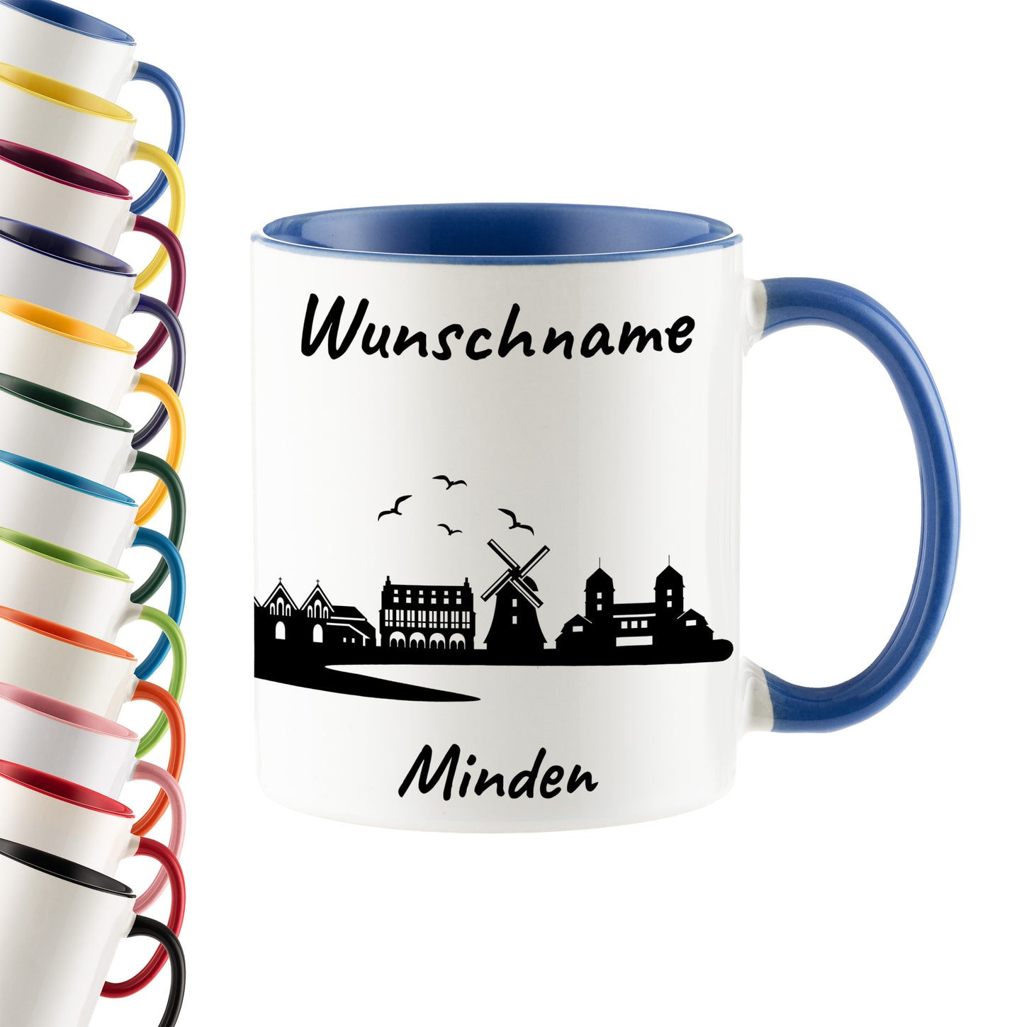 Tasse in Cambridge Blau 330ml bedruckt mit der Skyline von Minden personalisierbar mit Wunschname