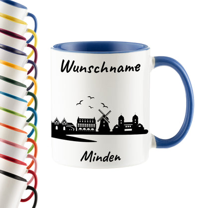 Tasse in Cambridge Blau 330ml bedruckt mit der Skyline von Minden personalisierbar mit Wunschname