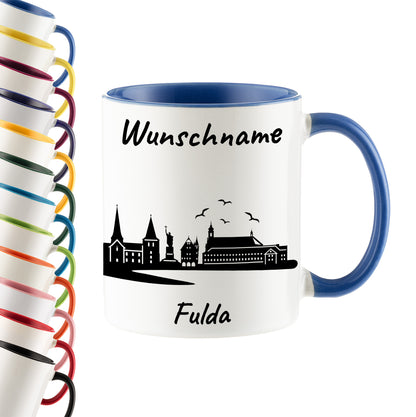 Tasse in Cambridge Blau 330ml bedruckt mit der Skyline von Fulda personalisierbar mit Wunschname