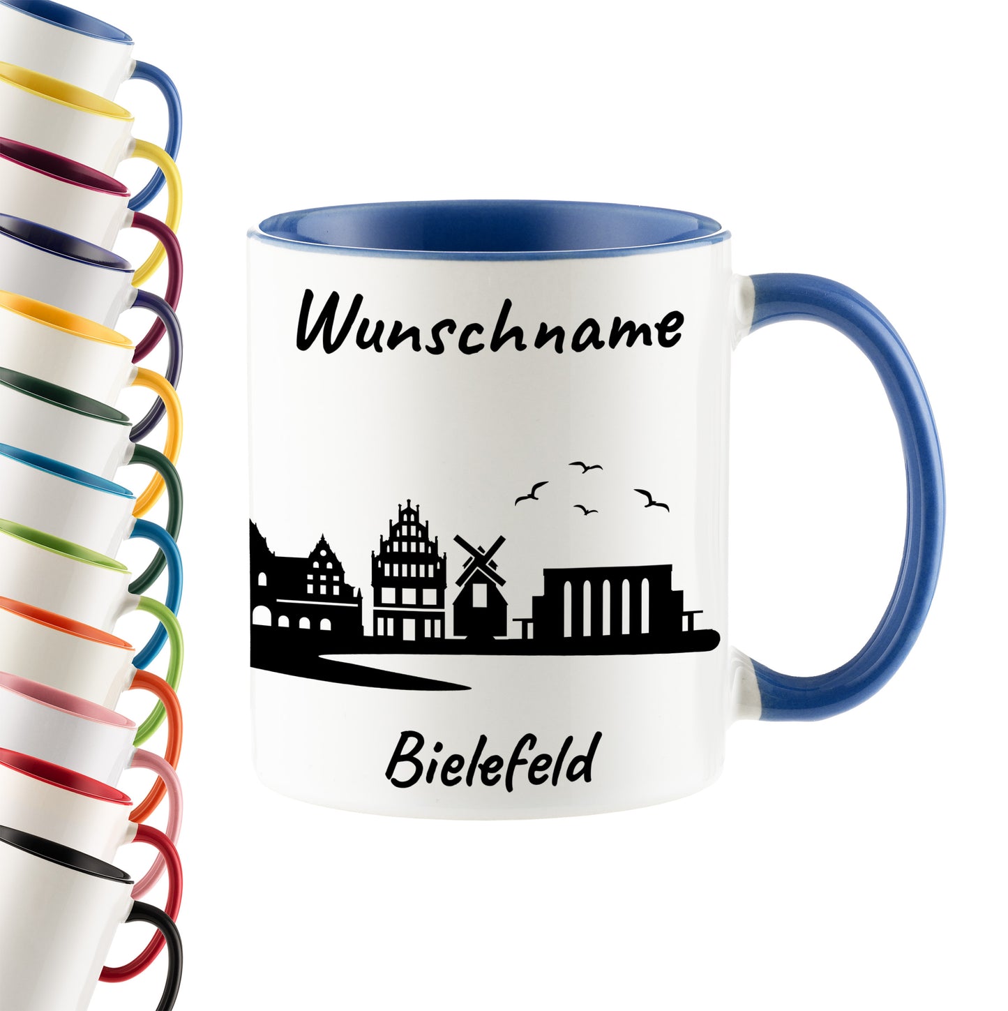 Tasse in Cambridge Blau 330ml bedruckt mit der Skyline von Bielefeld personalisierbar mit Wunschname