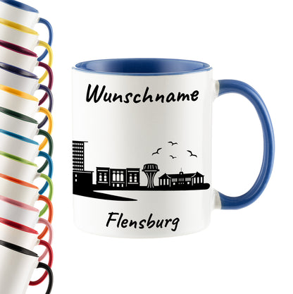 Tasse in Cambridge Blau 330ml bedruckt mit der Skyline von Flensburg personalisierbar mit Wunschname